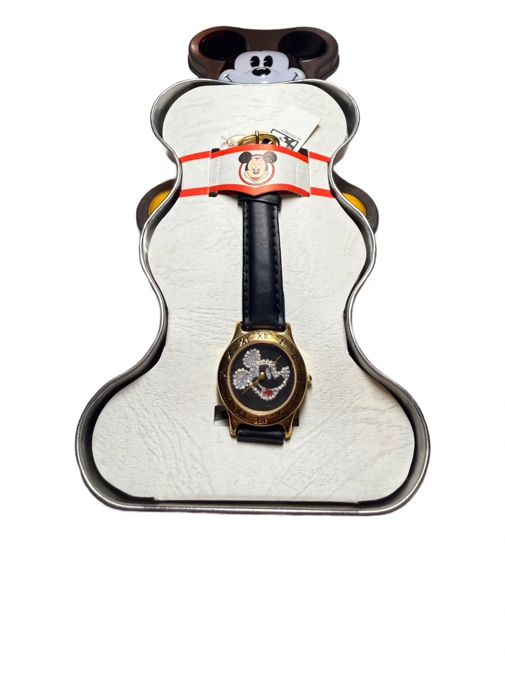 Vintage Disney Timeworks Mickey Mouse Watch Black Leather Gold-Tone Rhinestone